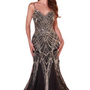 knee length dresses for ladies Applique Fitted Satin Corset Slit Gown by Ladivine CD868 – ABC Fashion main image 0
